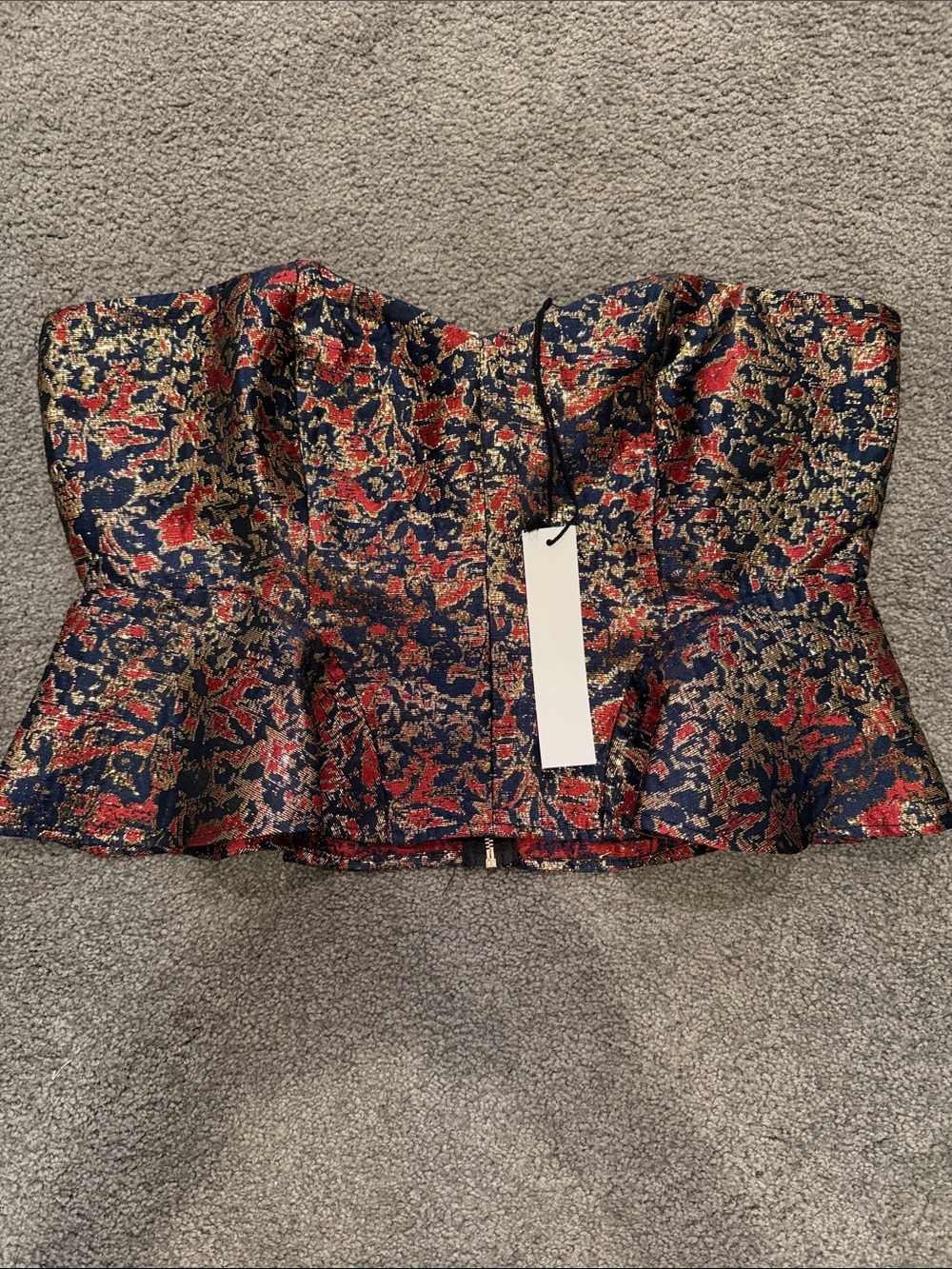 Women's NSR Floral Brocade Strapless Peplum Top in Navy, Red & Gold